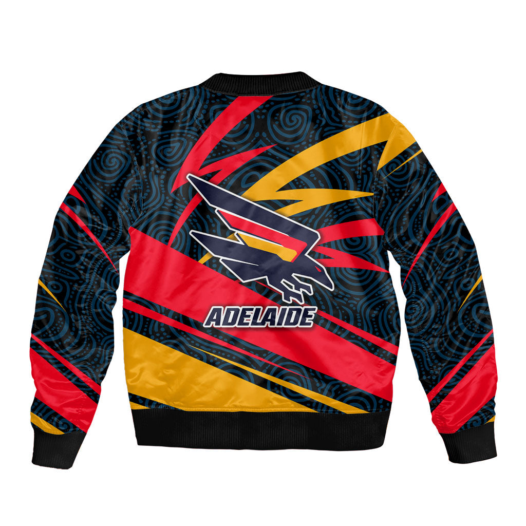 Adelaide Crows Australian Football Sleeve Zip Bomber Jacket Fierce Mascot Spirit With Indigenous Pattern Art