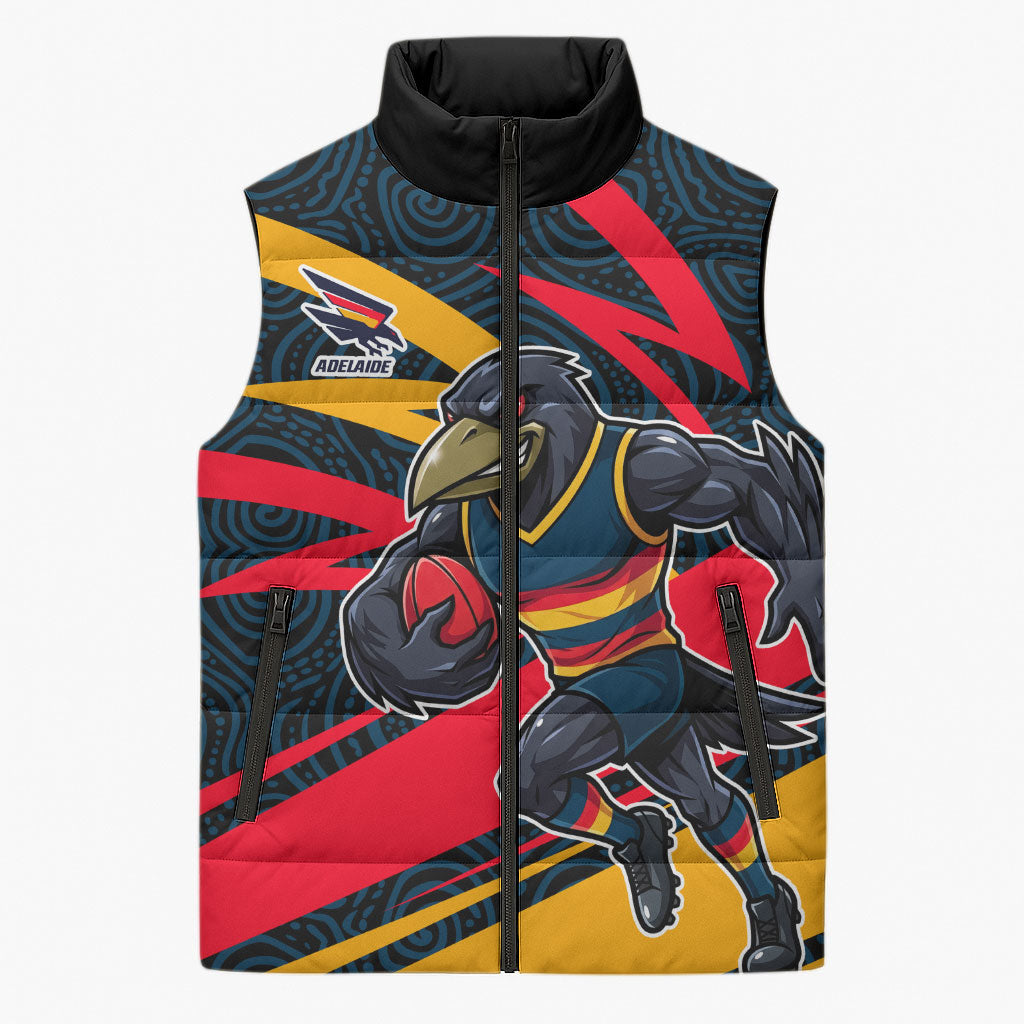 Adelaide Crows Australian Football Sleeveless Puffer Jacket Fierce Mascot Spirit With Indigenous Pattern Art