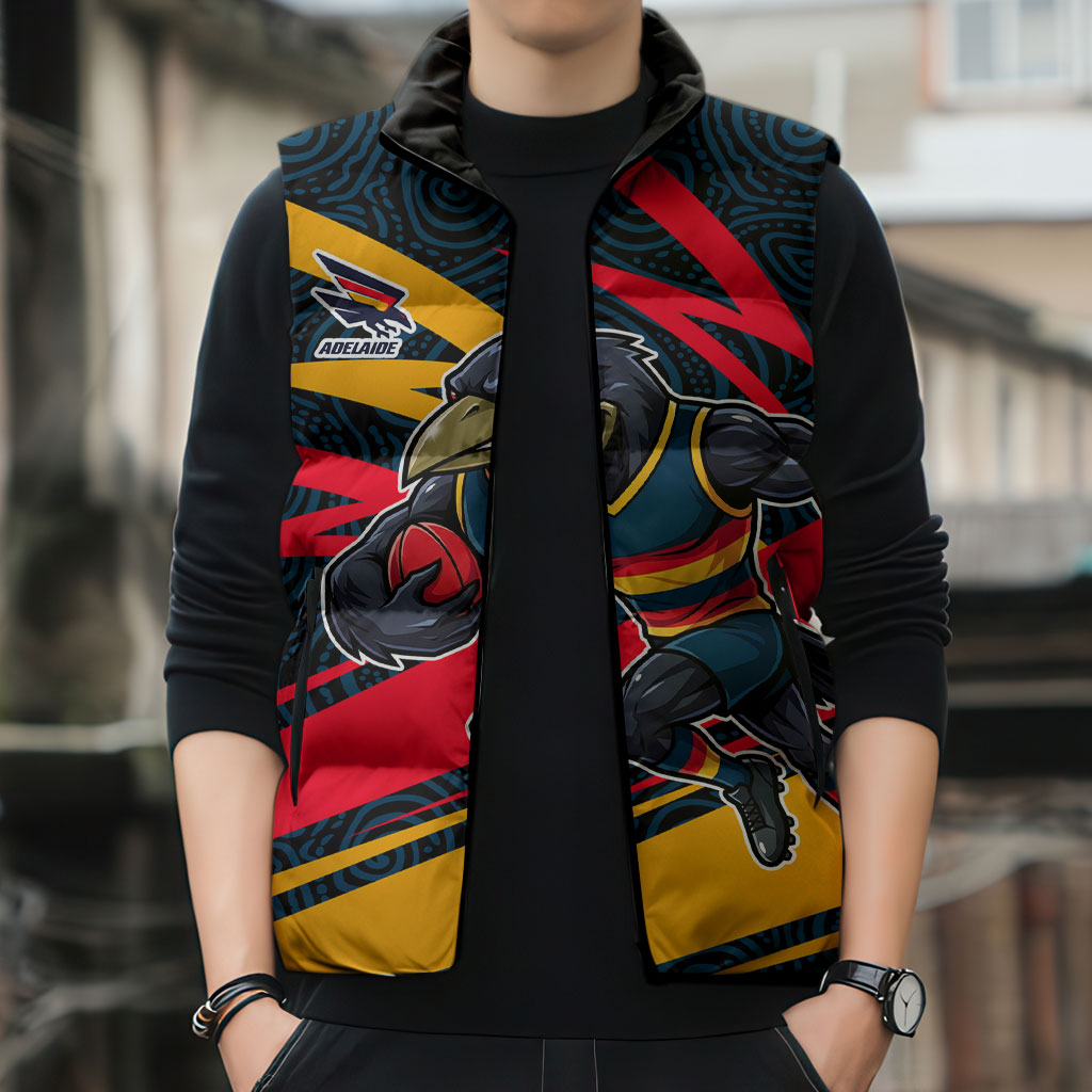 Adelaide Crows Australian Football Sleeveless Puffer Jacket Fierce Mascot Spirit With Indigenous Pattern Art