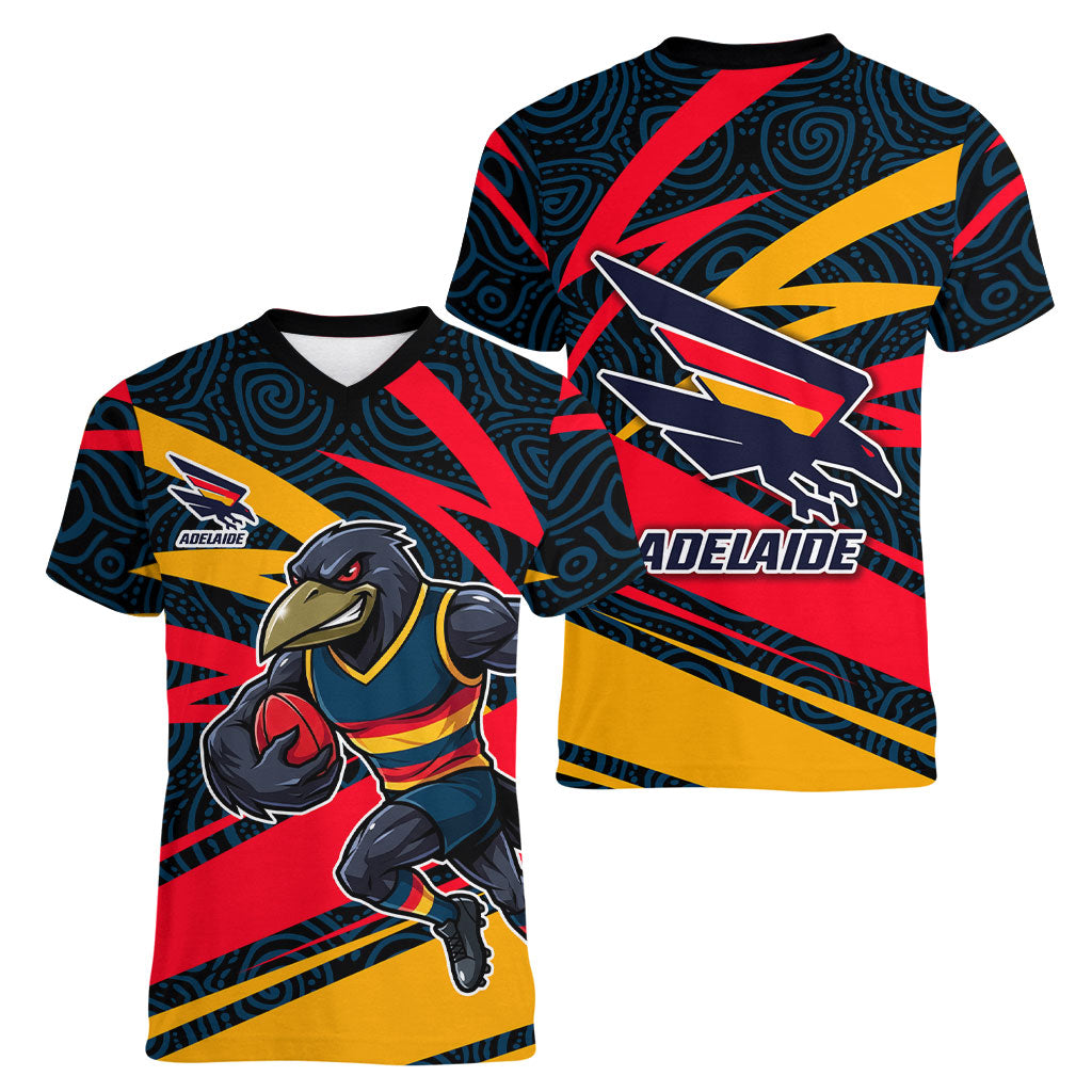 Adelaide Crows Australian Football Women V-Neck T-Shirt Fierce Mascot Spirit With Indigenous Pattern Art