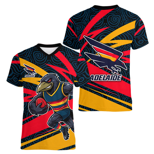 Adelaide Crows Australian Football Women V-Neck T-Shirt Fierce Mascot Spirit With Indigenous Pattern Art