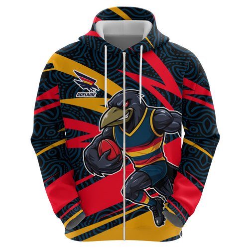 Adelaide Crows Australian Football Zip Hoodie Fierce Mascot Spirit With Indigenous Pattern Art