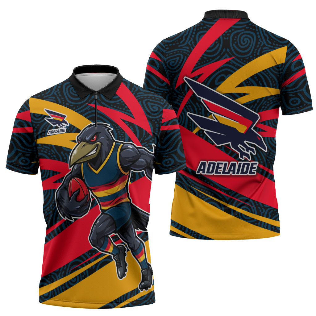 Adelaide Crows Australian Football Zipper Polo Shirt Fierce Mascot Spirit With Indigenous Pattern Art