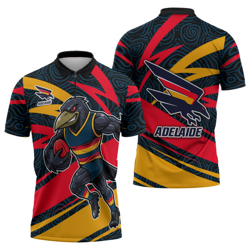 Adelaide Crows Australian Football Zipper Polo Shirt Fierce Mascot Spirit With Indigenous Pattern Art