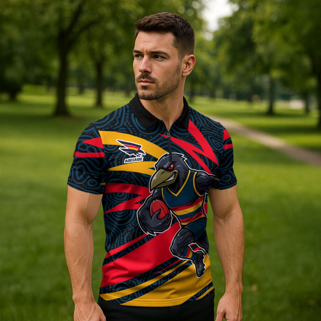 Adelaide Crows Australian Football Zipper Polo Shirt Fierce Mascot Spirit With Indigenous Pattern Art