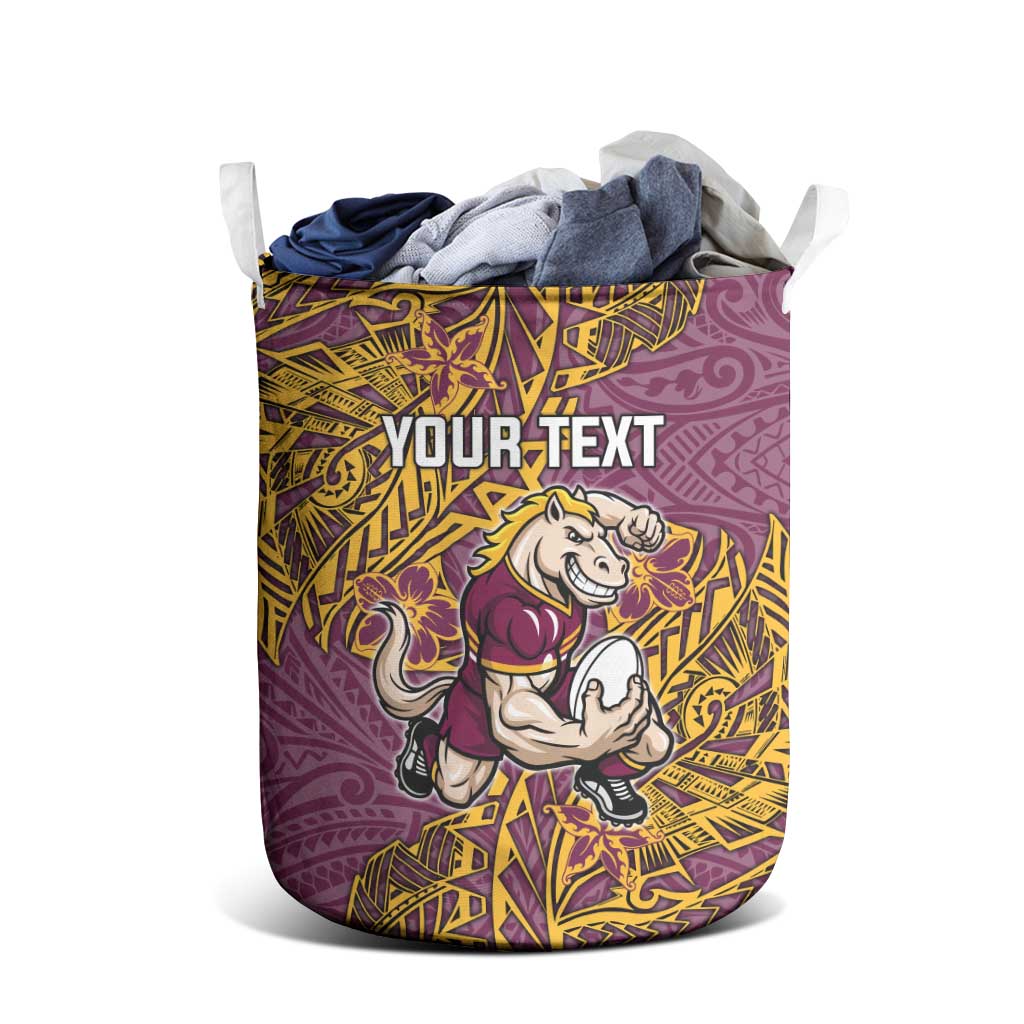 Personalised Brisbane Broncos Laundry Basket Polynesian Tribal Pattern With Rugby Horse Mascot Art