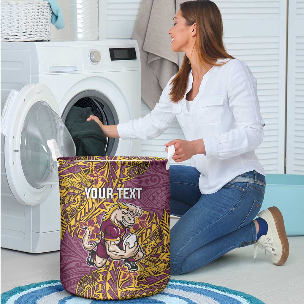 Personalised Brisbane Broncos Laundry Basket Polynesian Tribal Pattern With Rugby Horse Mascot Art