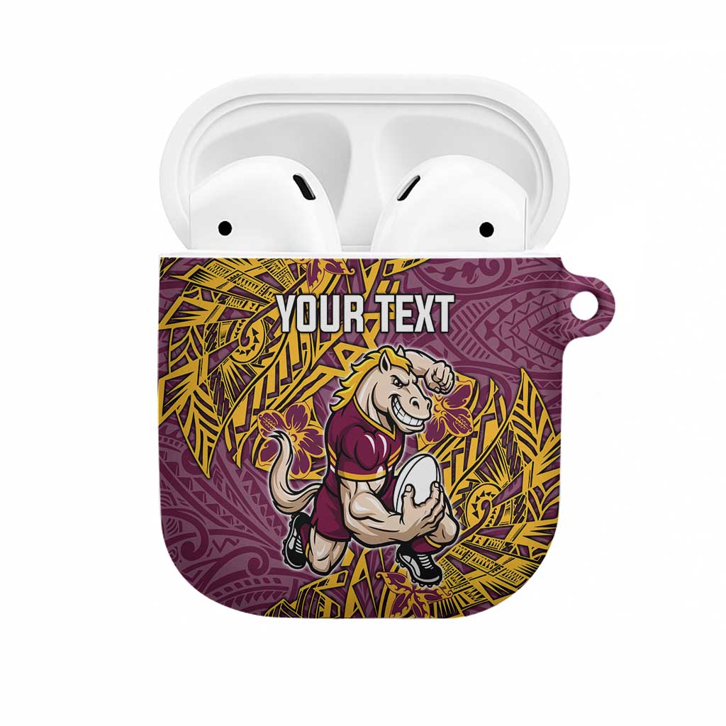 Personalised Brisbane Broncos AirPods Case Polynesian Tribal Pattern With Rugby Horse Mascot Art