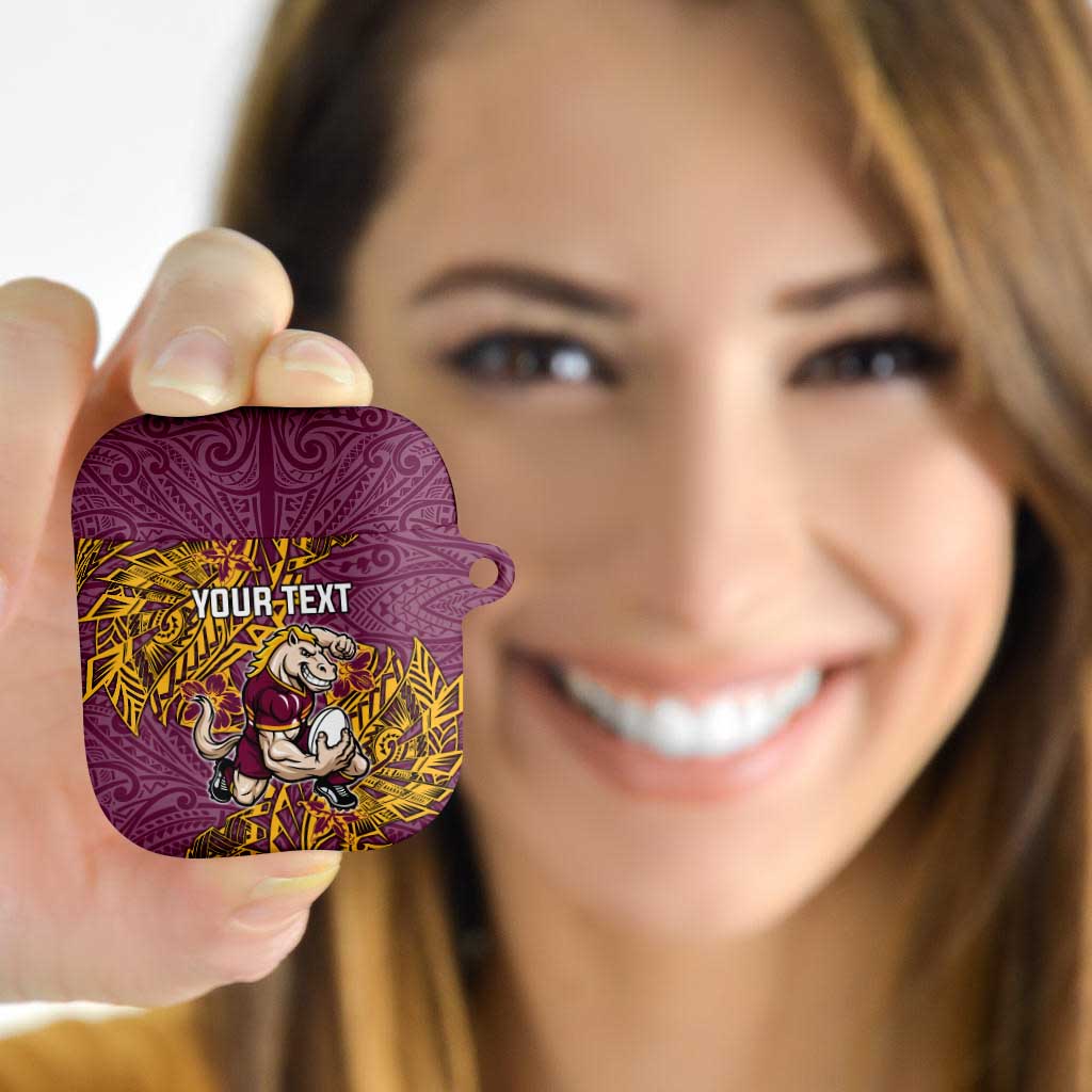 Personalised Brisbane Broncos AirPods Case Polynesian Tribal Pattern With Rugby Horse Mascot Art