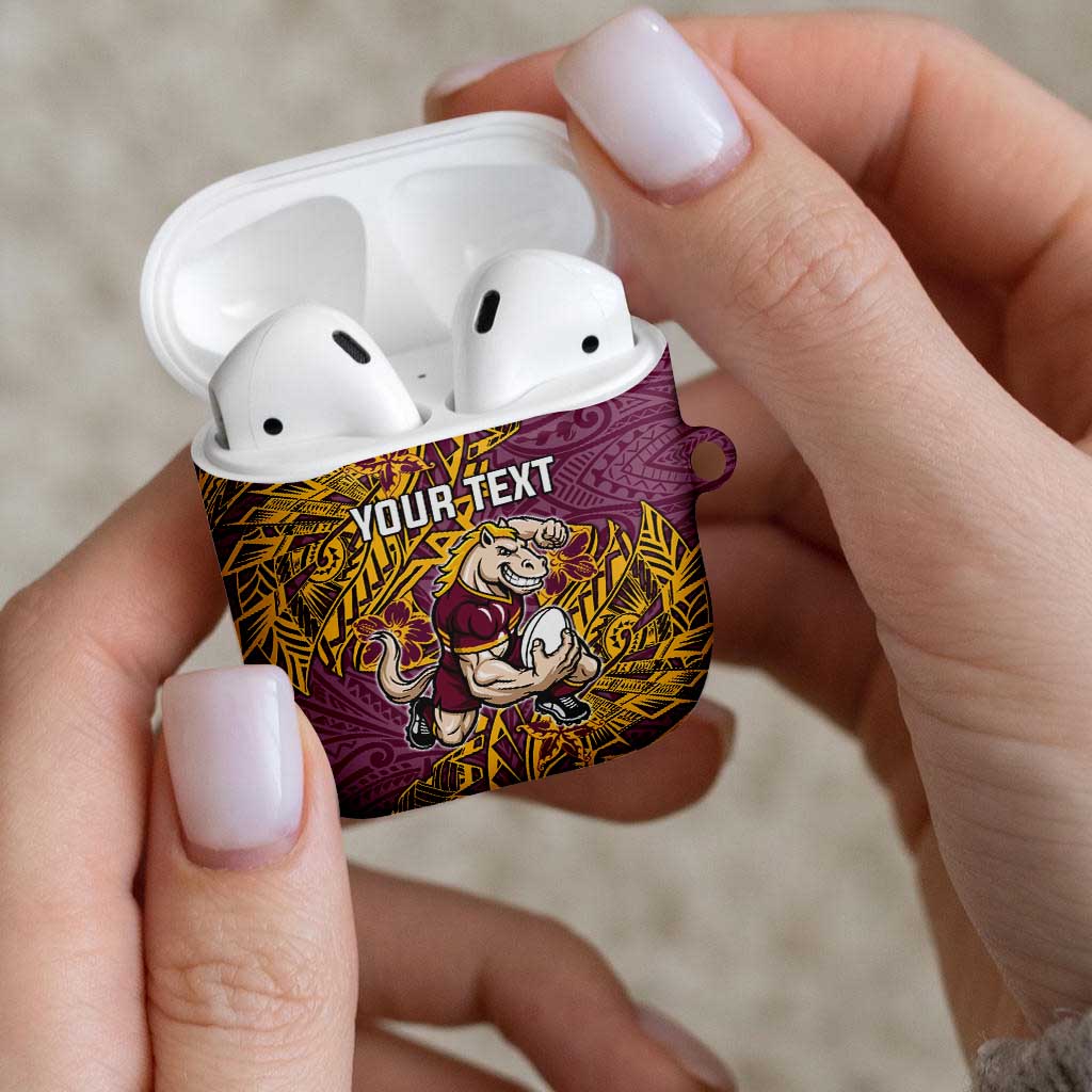 Personalised Brisbane Broncos AirPods Case Polynesian Tribal Pattern With Rugby Horse Mascot Art
