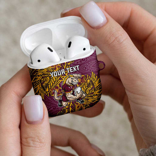 Personalised Brisbane Broncos AirPods Case Polynesian Tribal Pattern With Rugby Horse Mascot Art