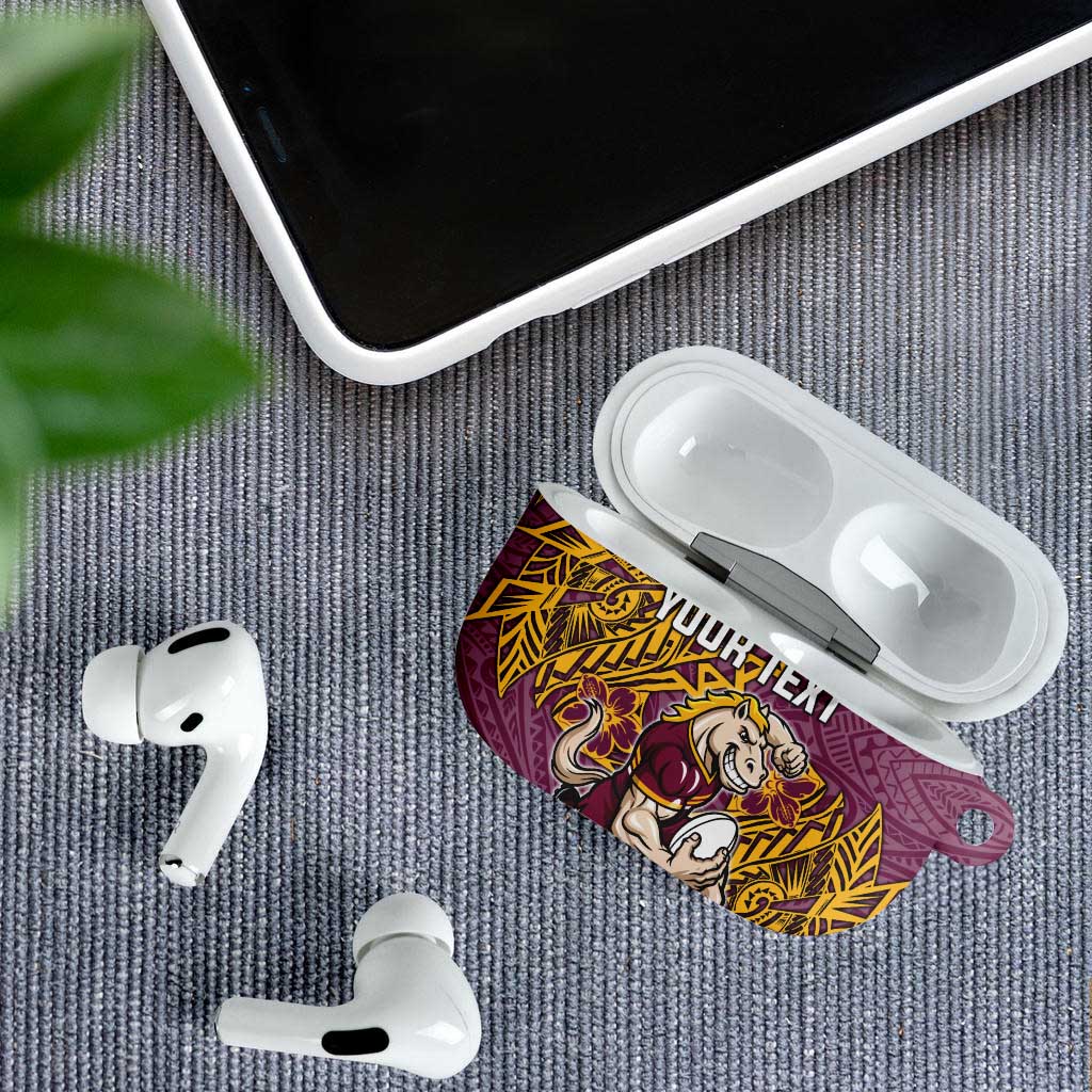 Personalised Brisbane Broncos AirPods Case Polynesian Tribal Pattern With Rugby Horse Mascot Art