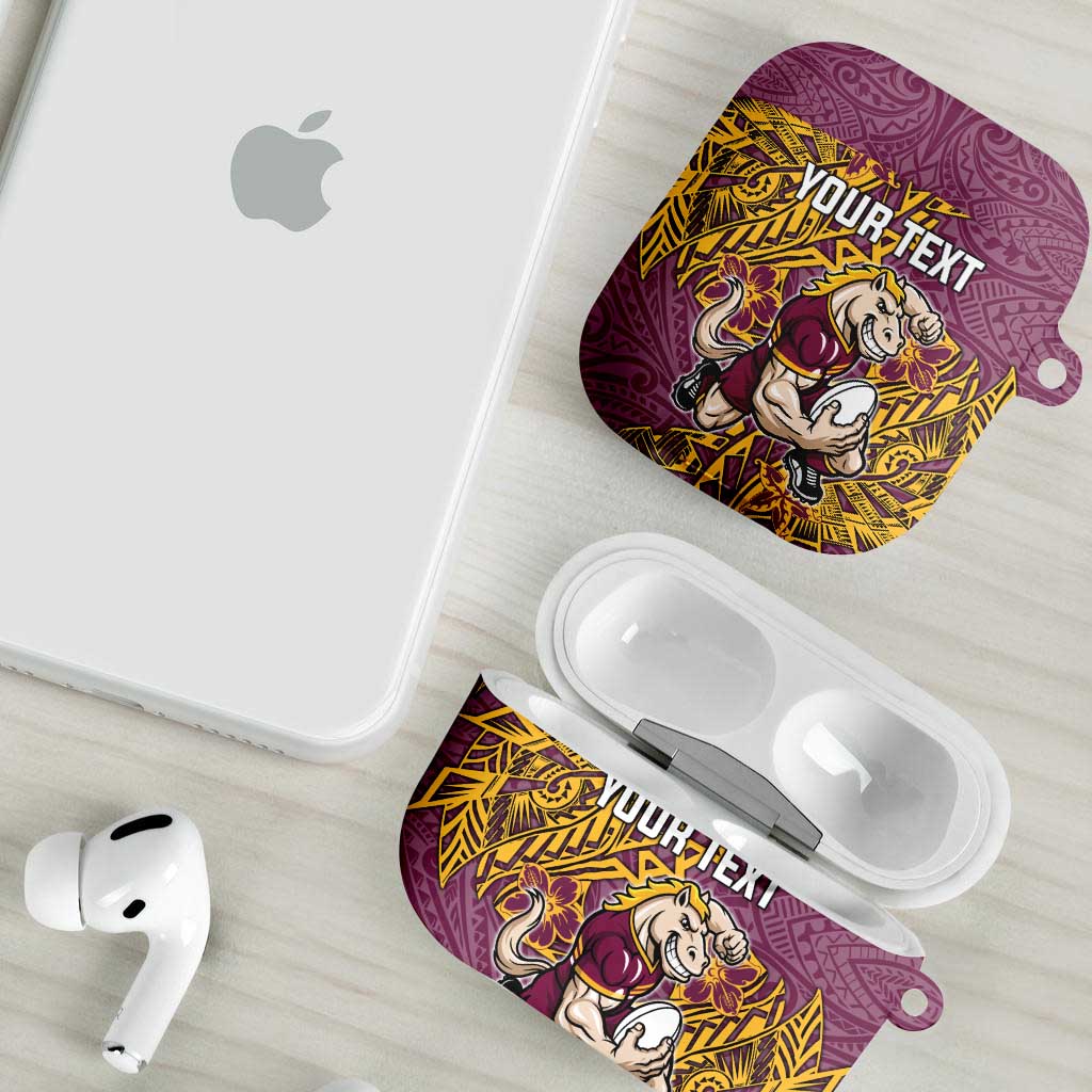 Personalised Brisbane Broncos AirPods Case Polynesian Tribal Pattern With Rugby Horse Mascot Art