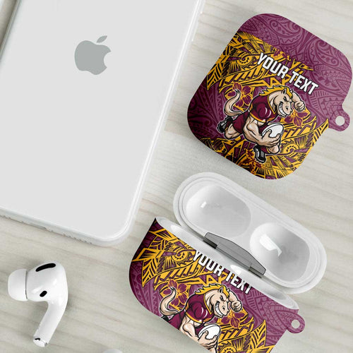Personalised Brisbane Broncos AirPods Case Polynesian Tribal Pattern With Rugby Horse Mascot Art