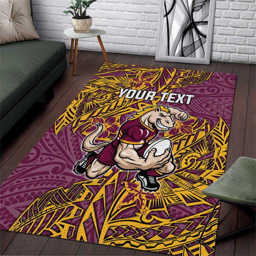 Personalised Brisbane Broncos Area Rug Polynesian Tribal Pattern With Rugby Horse Mascot Art