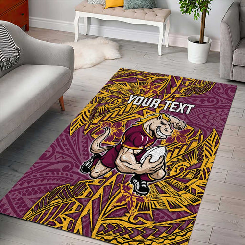 Personalised Brisbane Broncos Area Rug Polynesian Tribal Pattern With Rugby Horse Mascot Art
