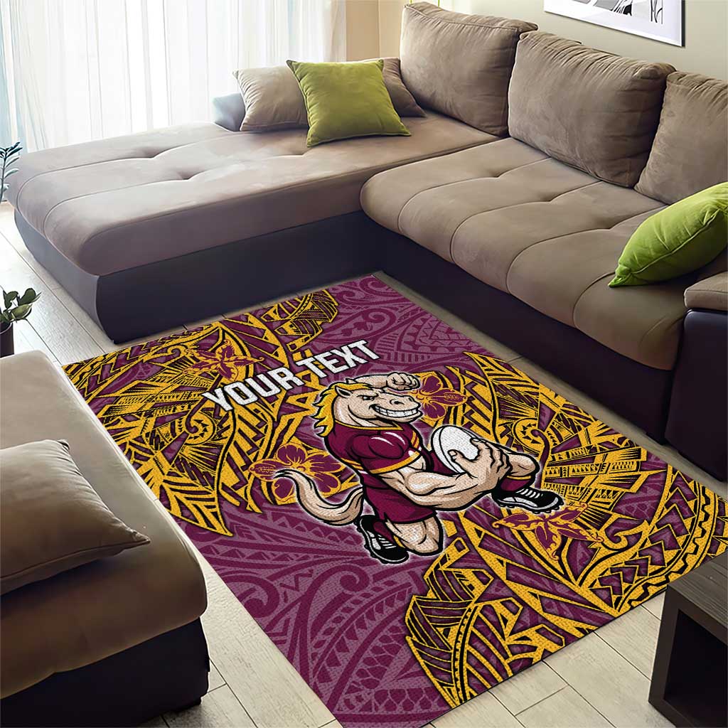 Personalised Brisbane Broncos Area Rug Polynesian Tribal Pattern With Rugby Horse Mascot Art