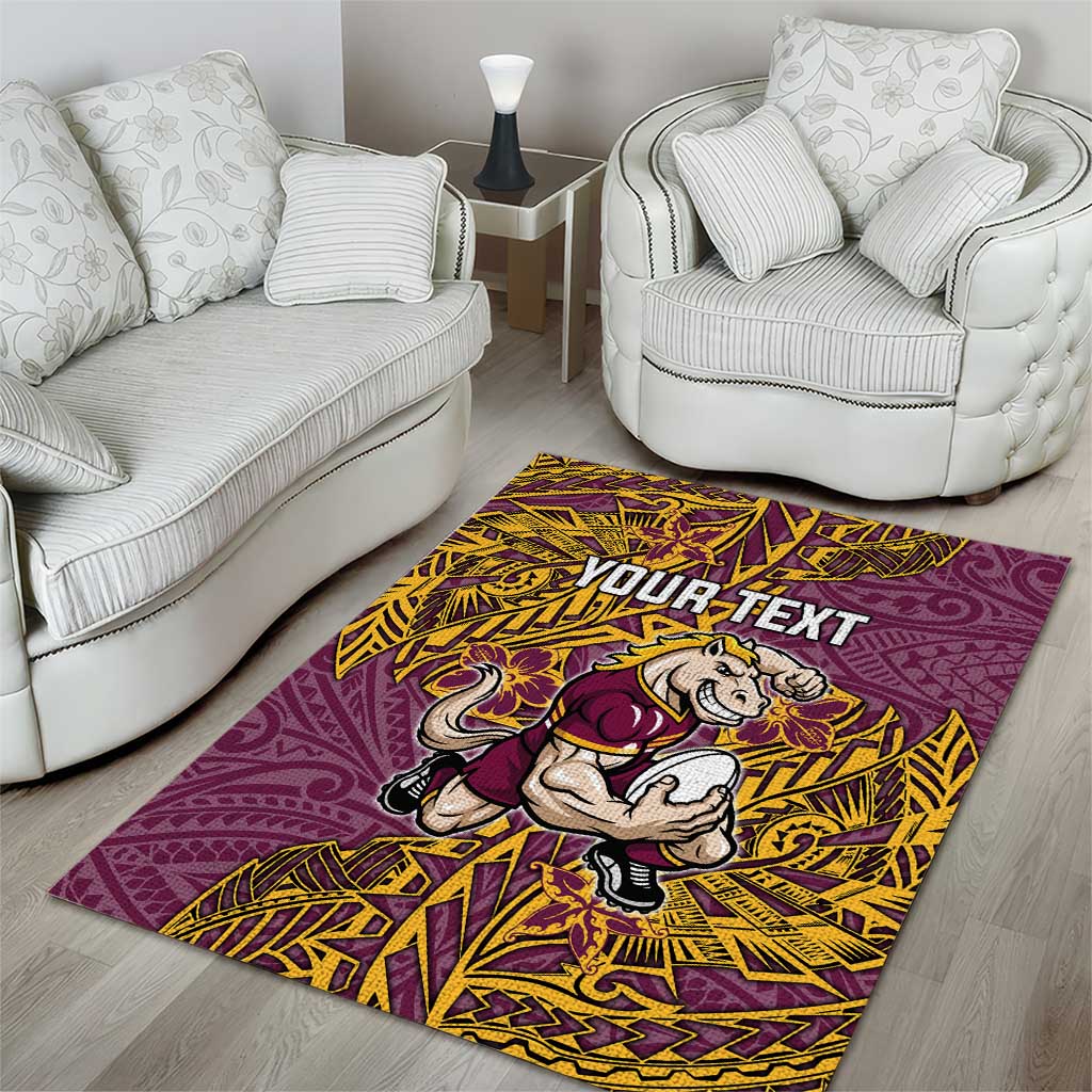 Personalised Brisbane Broncos Area Rug Polynesian Tribal Pattern With Rugby Horse Mascot Art