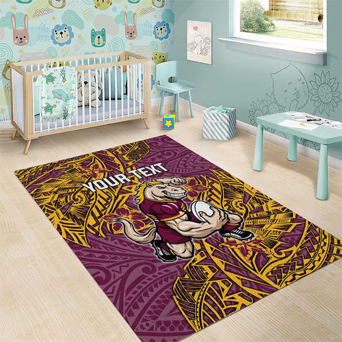 Personalised Brisbane Broncos Area Rug Polynesian Tribal Pattern With Rugby Horse Mascot Art