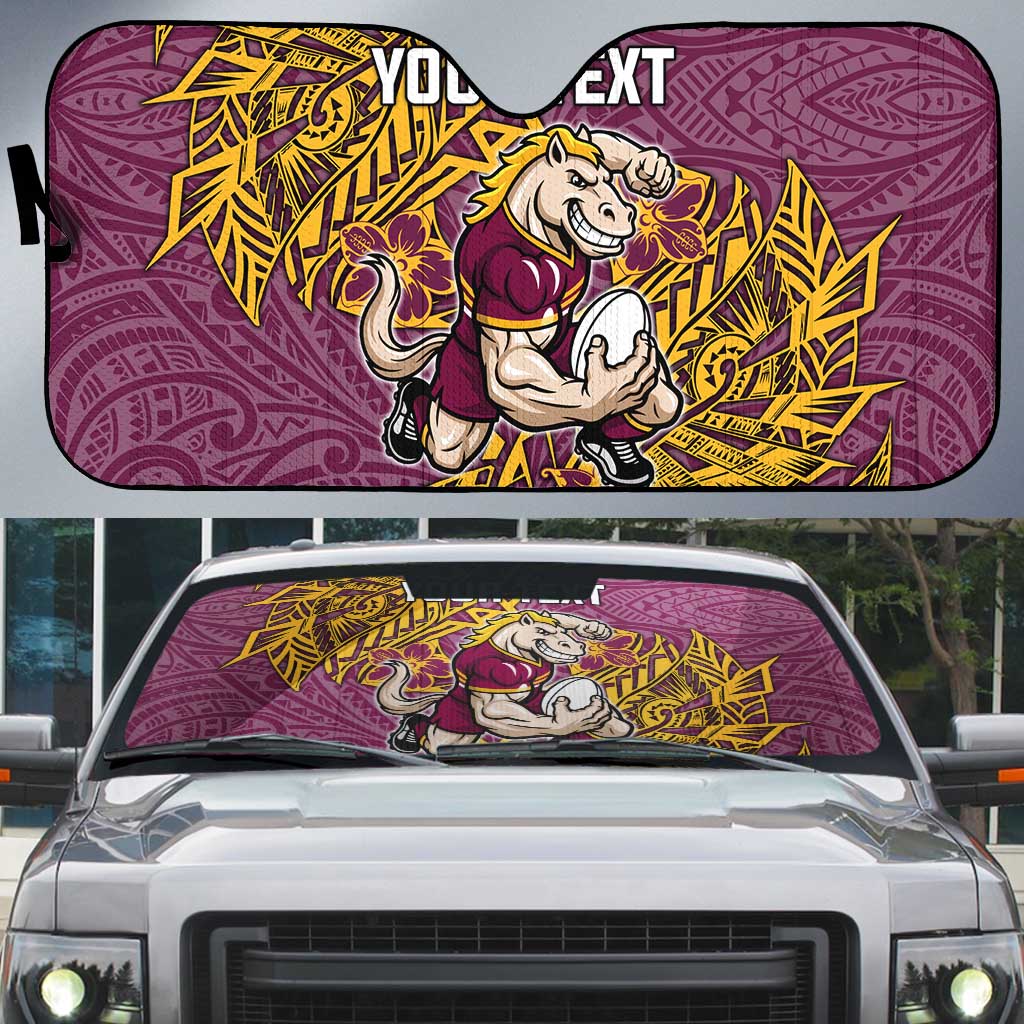 Personalised Brisbane Broncos Auto Sun Shade Polynesian Tribal Pattern With Rugby Horse Mascot Art