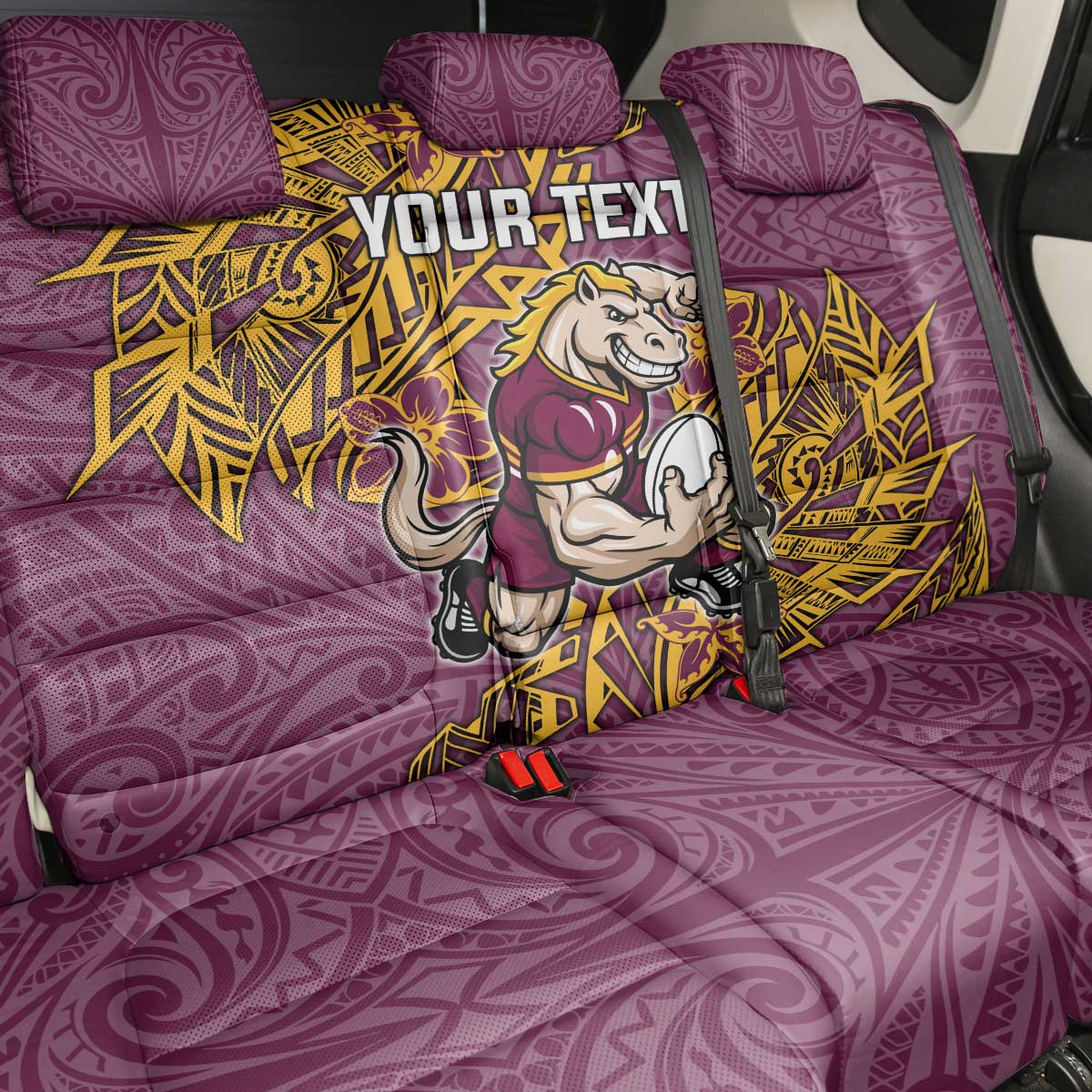 Personalised Brisbane Broncos Back Car Seat Cover Polynesian Tribal Pattern With Rugby Horse Mascot Art