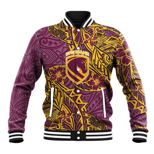 Personalised Brisbane Broncos Baseball Jacket Polynesian Tribal Pattern With Rugby Horse Mascot Art