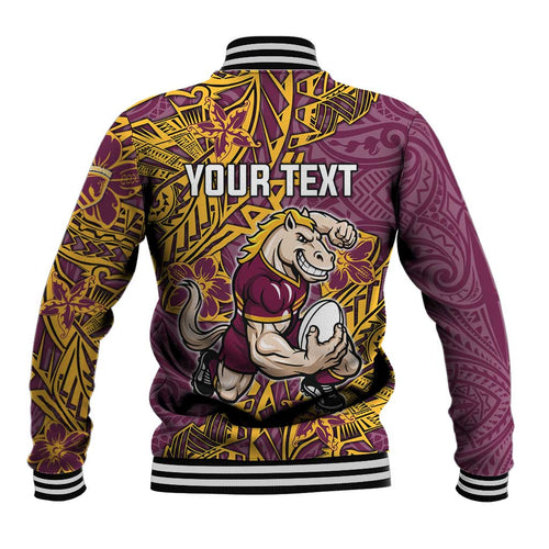Personalised Brisbane Broncos Baseball Jacket Polynesian Tribal Pattern With Rugby Horse Mascot Art