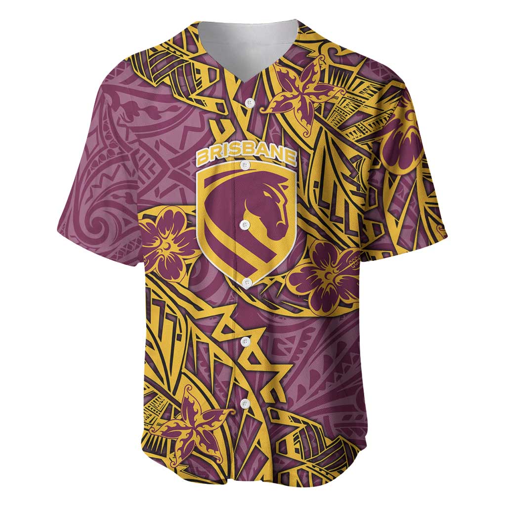 Personalised Brisbane Broncos Baseball Jersey Polynesian Tribal Pattern With Rugby Horse Mascot Art
