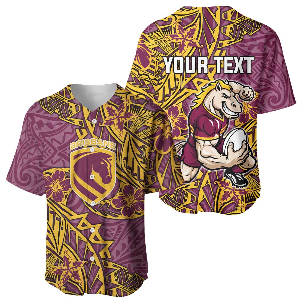Personalised Brisbane Broncos Baseball Jersey Polynesian Tribal Pattern With Rugby Horse Mascot Art