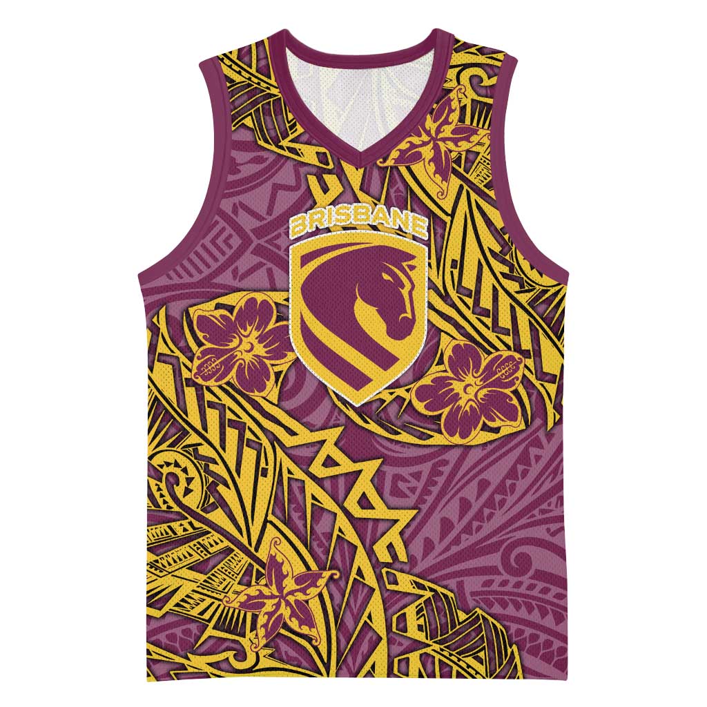 Personalised Brisbane Broncos Basketball Jersey Polynesian Tribal Pattern With Rugby Horse Mascot Art