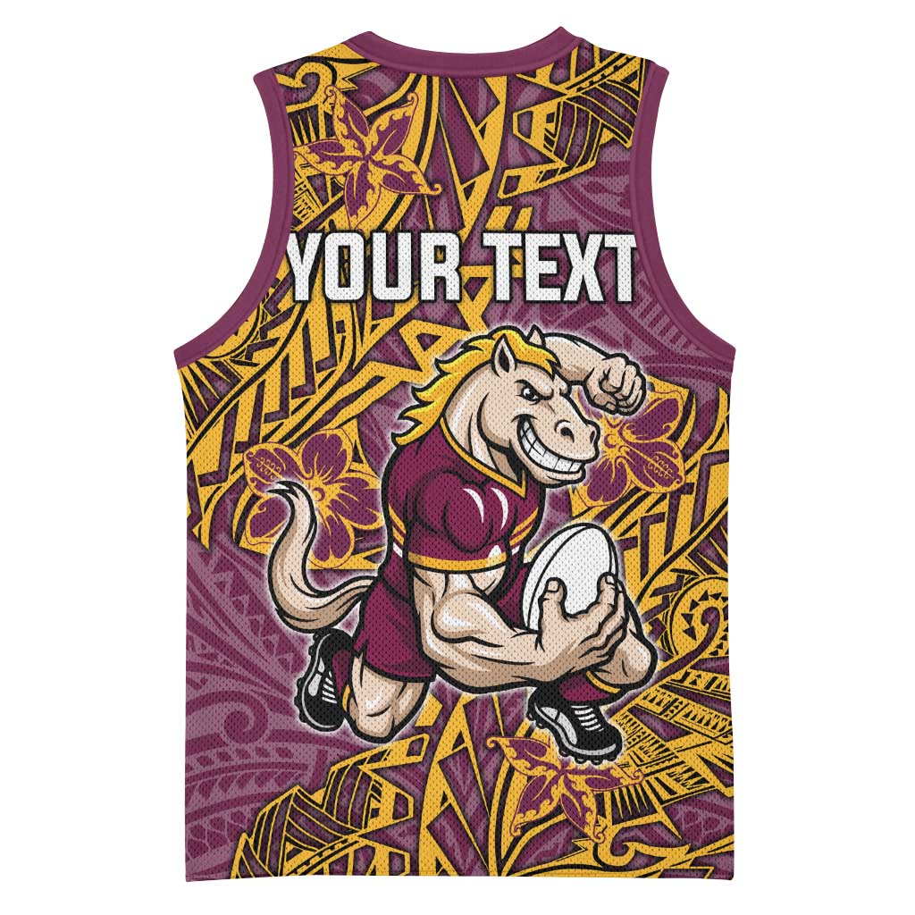 Personalised Brisbane Broncos Basketball Jersey Polynesian Tribal Pattern With Rugby Horse Mascot Art