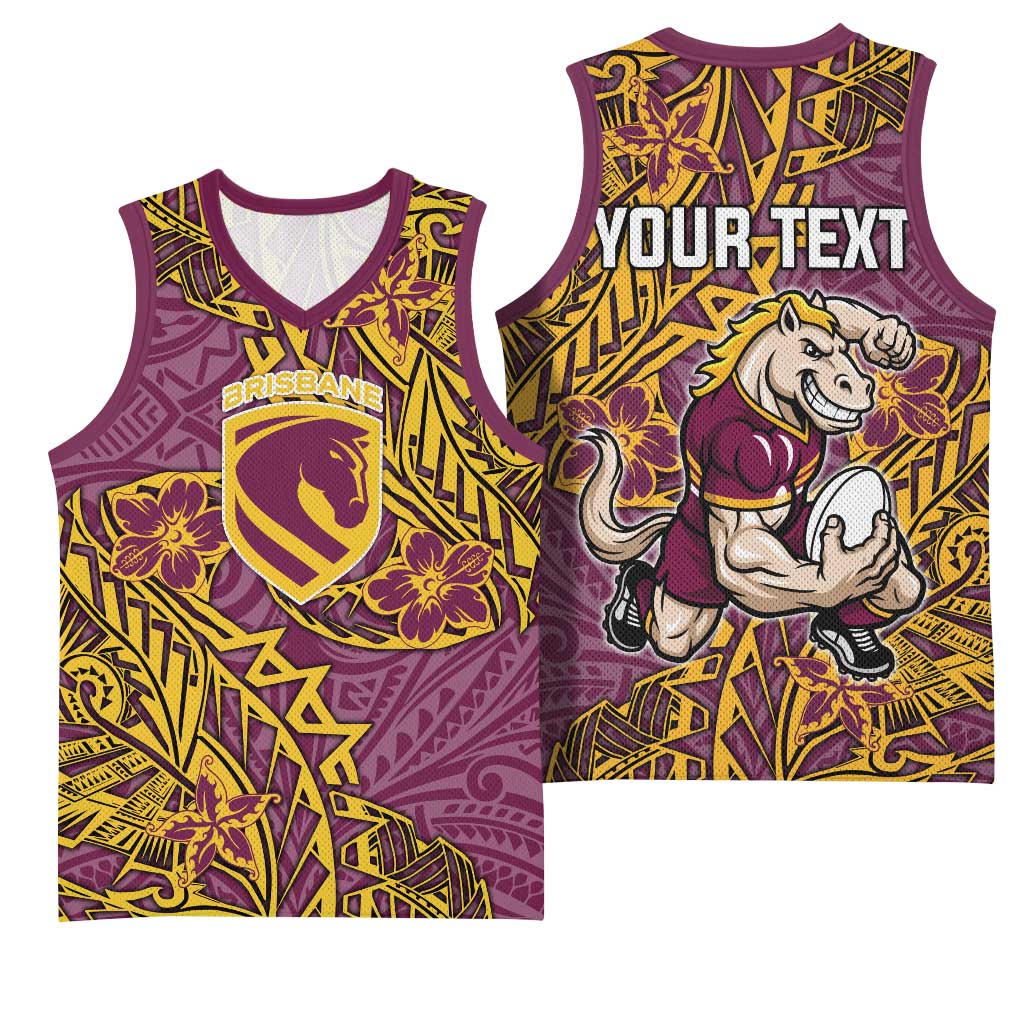 Personalised Brisbane Broncos Basketball Jersey Polynesian Tribal Pattern With Rugby Horse Mascot Art