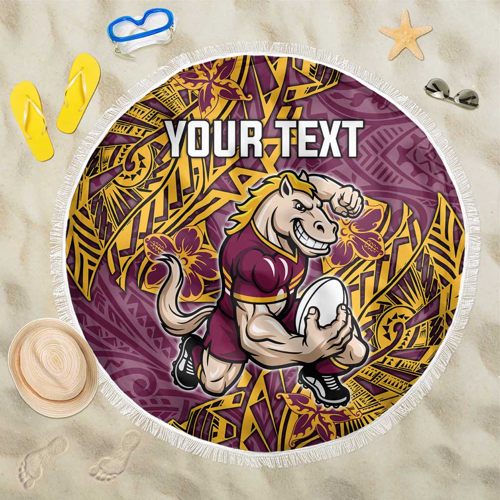 Personalised Brisbane Broncos Beach Blanket Polynesian Tribal Pattern With Rugby Horse Mascot Art