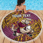 Personalised Brisbane Broncos Beach Blanket Polynesian Tribal Pattern With Rugby Horse Mascot Art