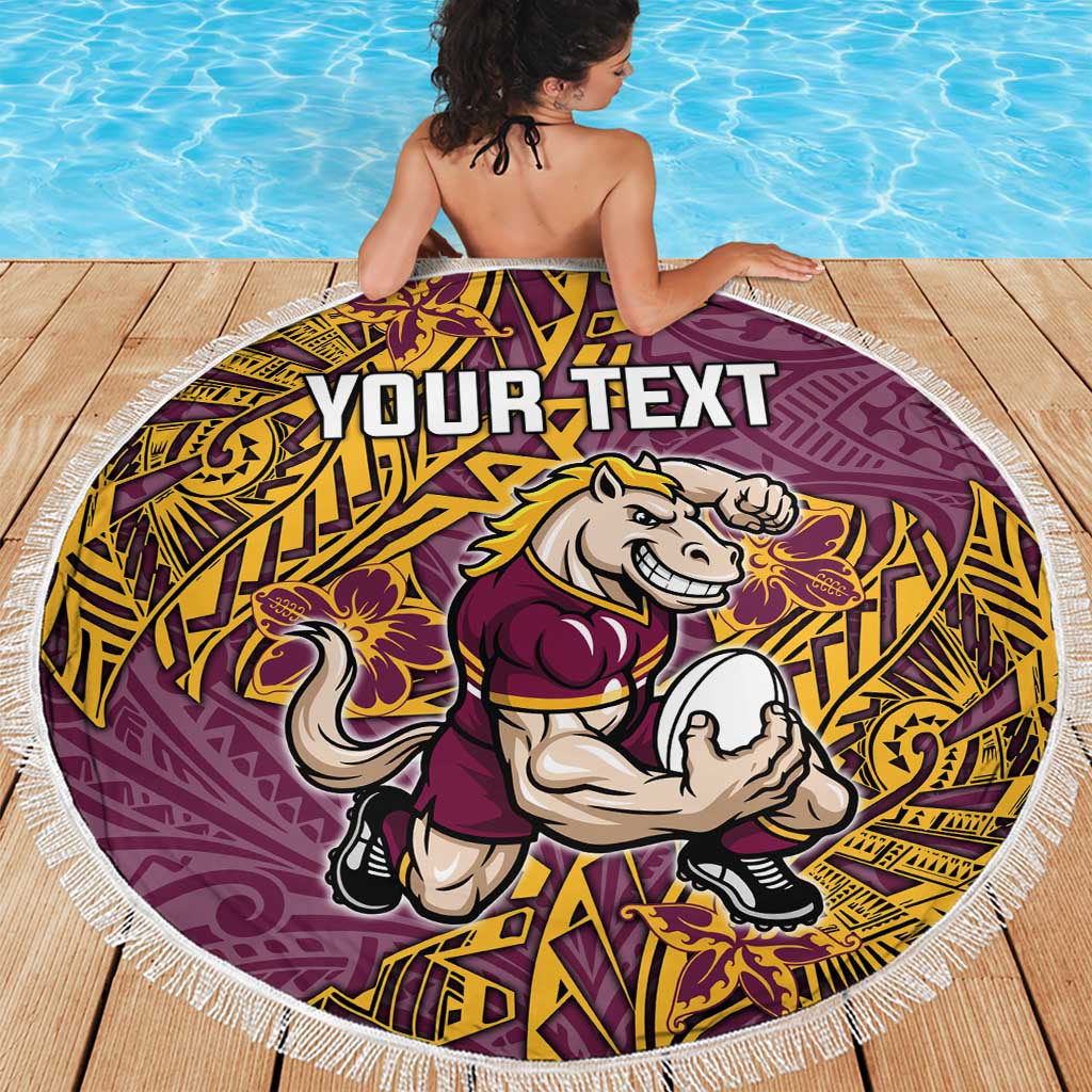 Personalised Brisbane Broncos Beach Blanket Polynesian Tribal Pattern With Rugby Horse Mascot Art