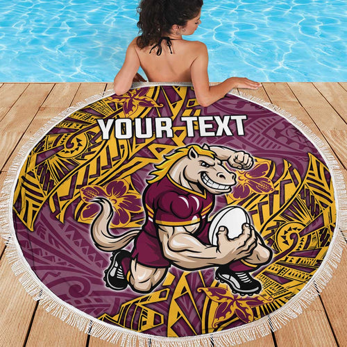 Personalised Brisbane Broncos Beach Blanket Polynesian Tribal Pattern With Rugby Horse Mascot Art