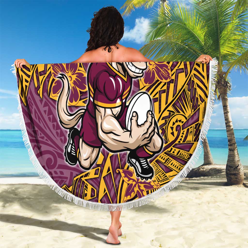 Personalised Brisbane Broncos Beach Blanket Polynesian Tribal Pattern With Rugby Horse Mascot Art
