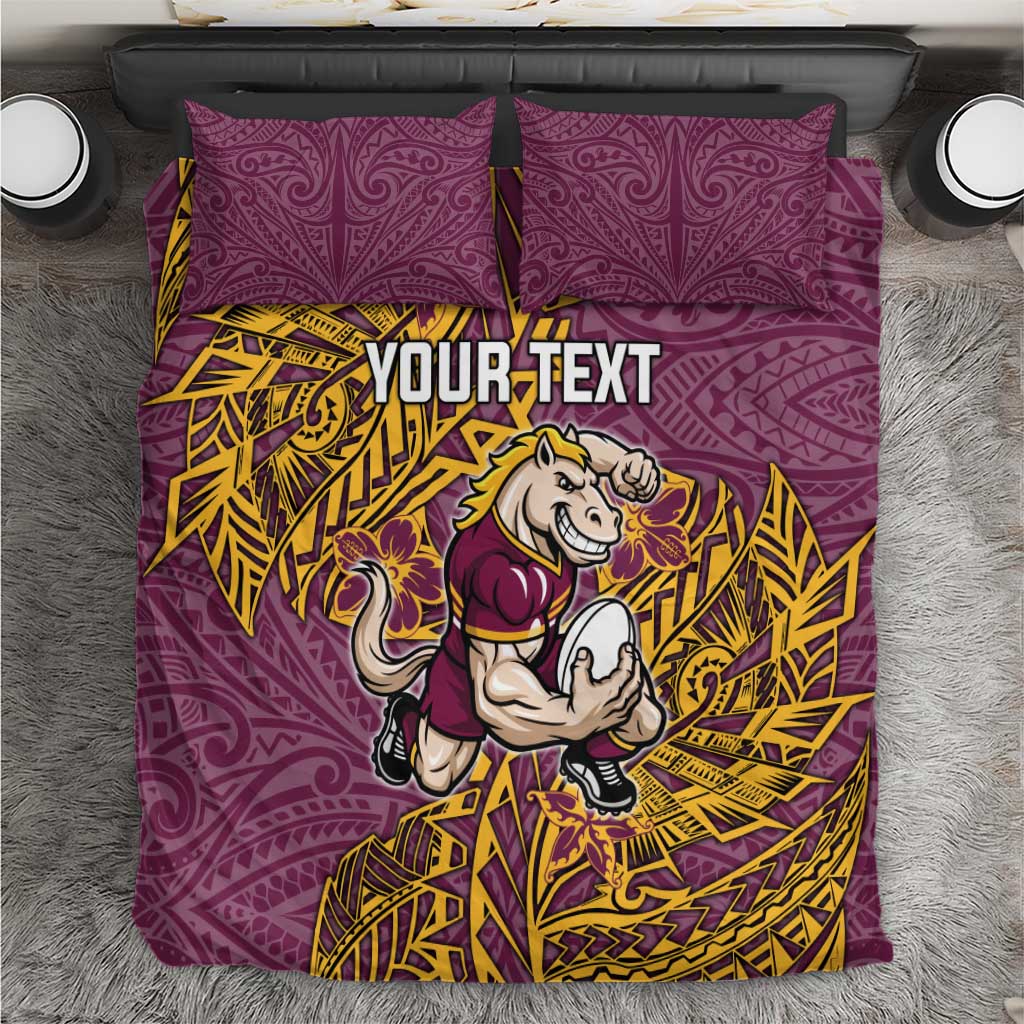 Personalised Brisbane Broncos Bedding Set Polynesian Tribal Pattern With Rugby Horse Mascot Art