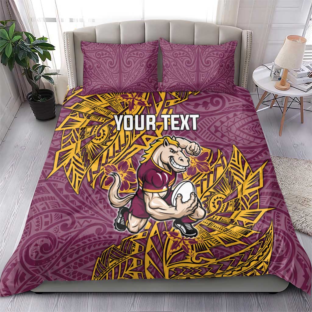 Personalised Brisbane Broncos Bedding Set Polynesian Tribal Pattern With Rugby Horse Mascot Art