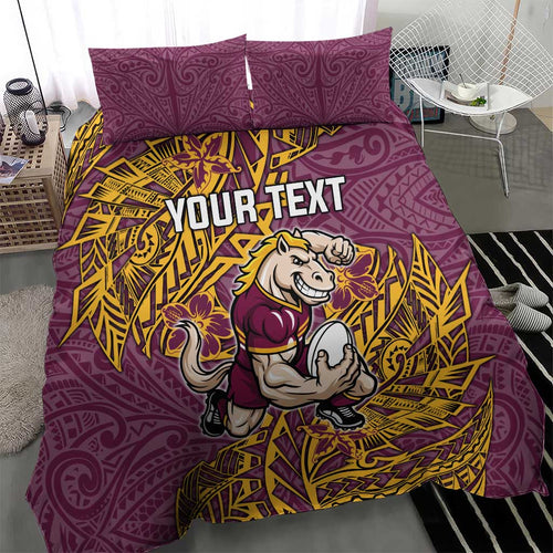 Personalised Brisbane Broncos Bedding Set Polynesian Tribal Pattern With Rugby Horse Mascot Art