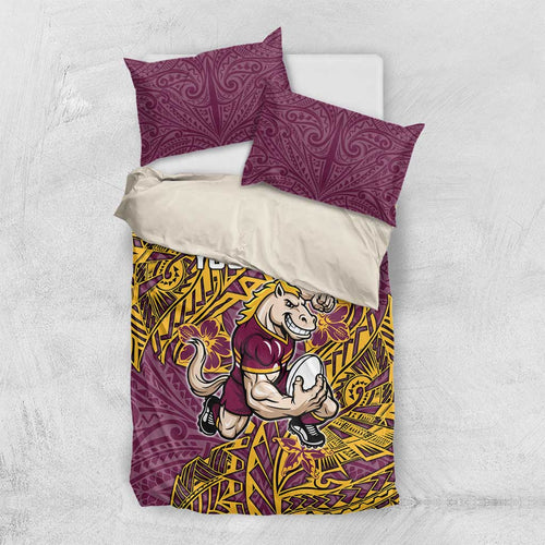 Personalised Brisbane Broncos Bedding Set Polynesian Tribal Pattern With Rugby Horse Mascot Art