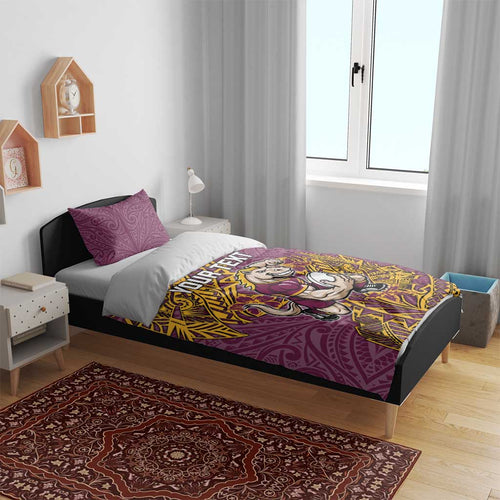 Personalised Brisbane Broncos Bedding Set Polynesian Tribal Pattern With Rugby Horse Mascot Art