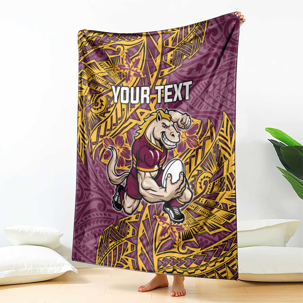 Personalised Brisbane Broncos Blanket Polynesian Tribal Pattern With Rugby Horse Mascot Art