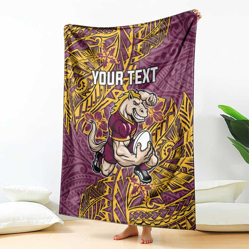 Personalised Brisbane Broncos Blanket Polynesian Tribal Pattern With Rugby Horse Mascot Art