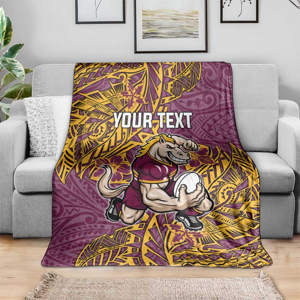 Personalised Brisbane Broncos Blanket Polynesian Tribal Pattern With Rugby Horse Mascot Art