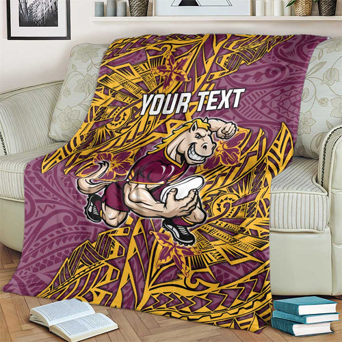 Personalised Brisbane Broncos Blanket Polynesian Tribal Pattern With Rugby Horse Mascot Art