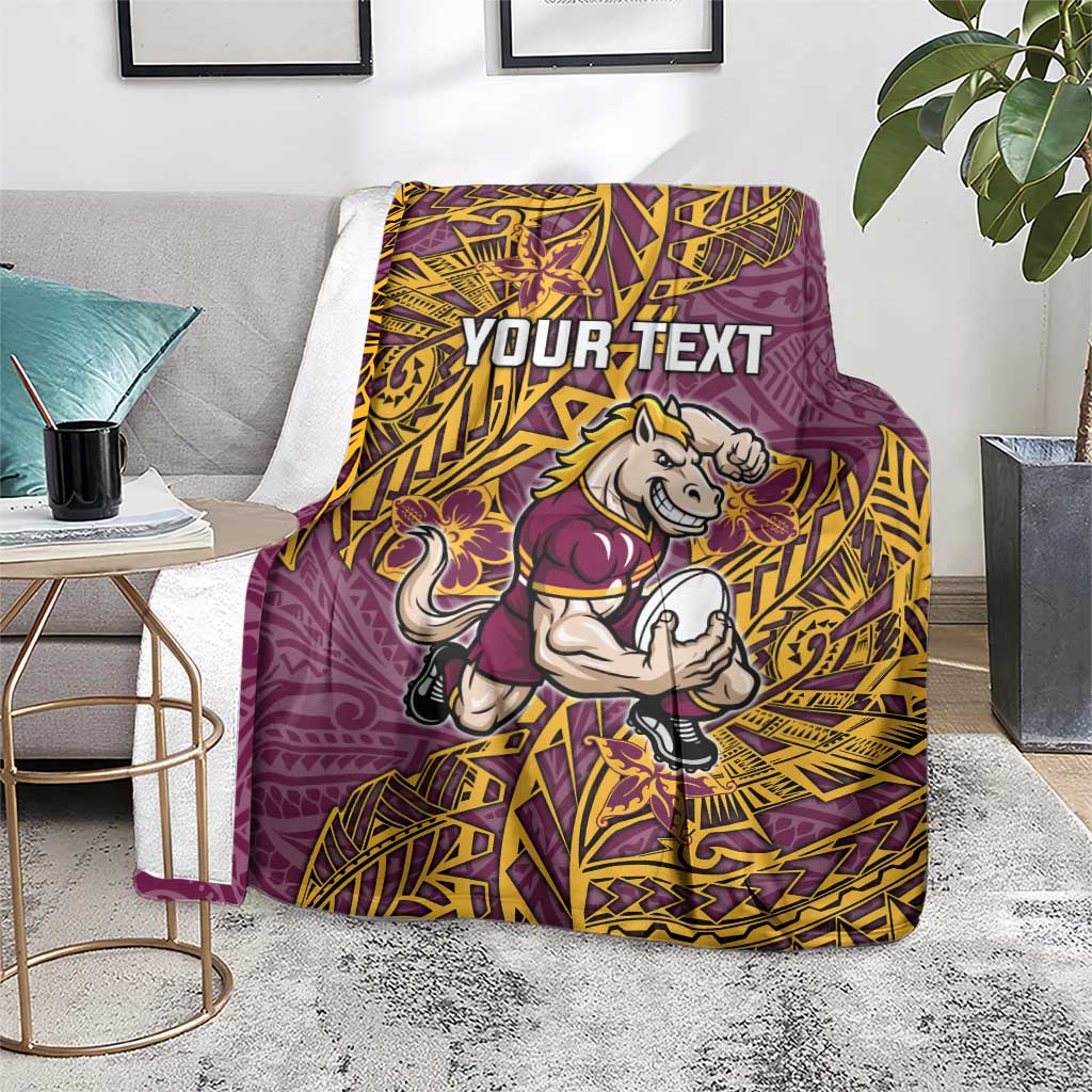 Personalised Brisbane Broncos Blanket Polynesian Tribal Pattern With Rugby Horse Mascot Art