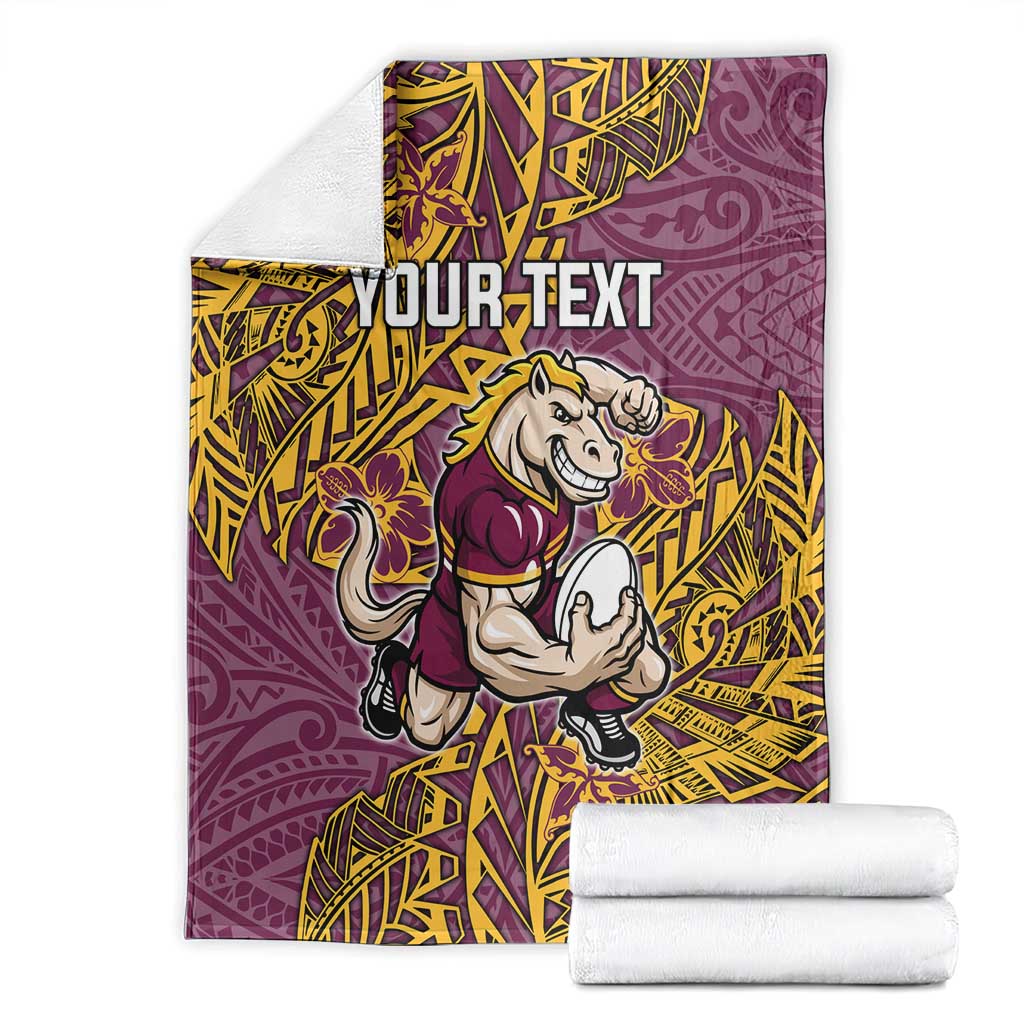 Personalised Brisbane Broncos Blanket Polynesian Tribal Pattern With Rugby Horse Mascot Art