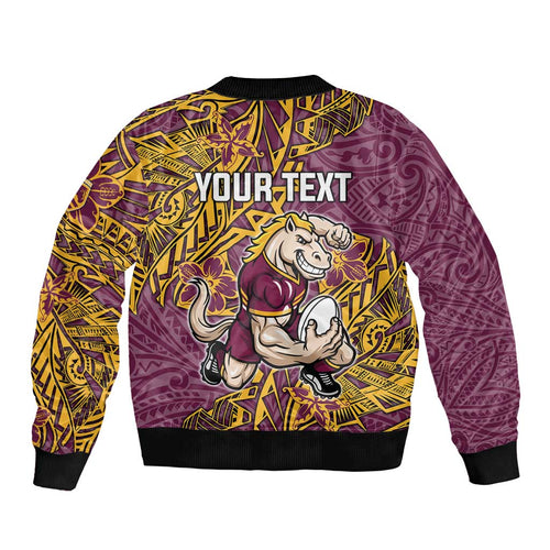 Personalised Brisbane Broncos Bomber Jacket Polynesian Tribal Pattern With Rugby Horse Mascot Art
