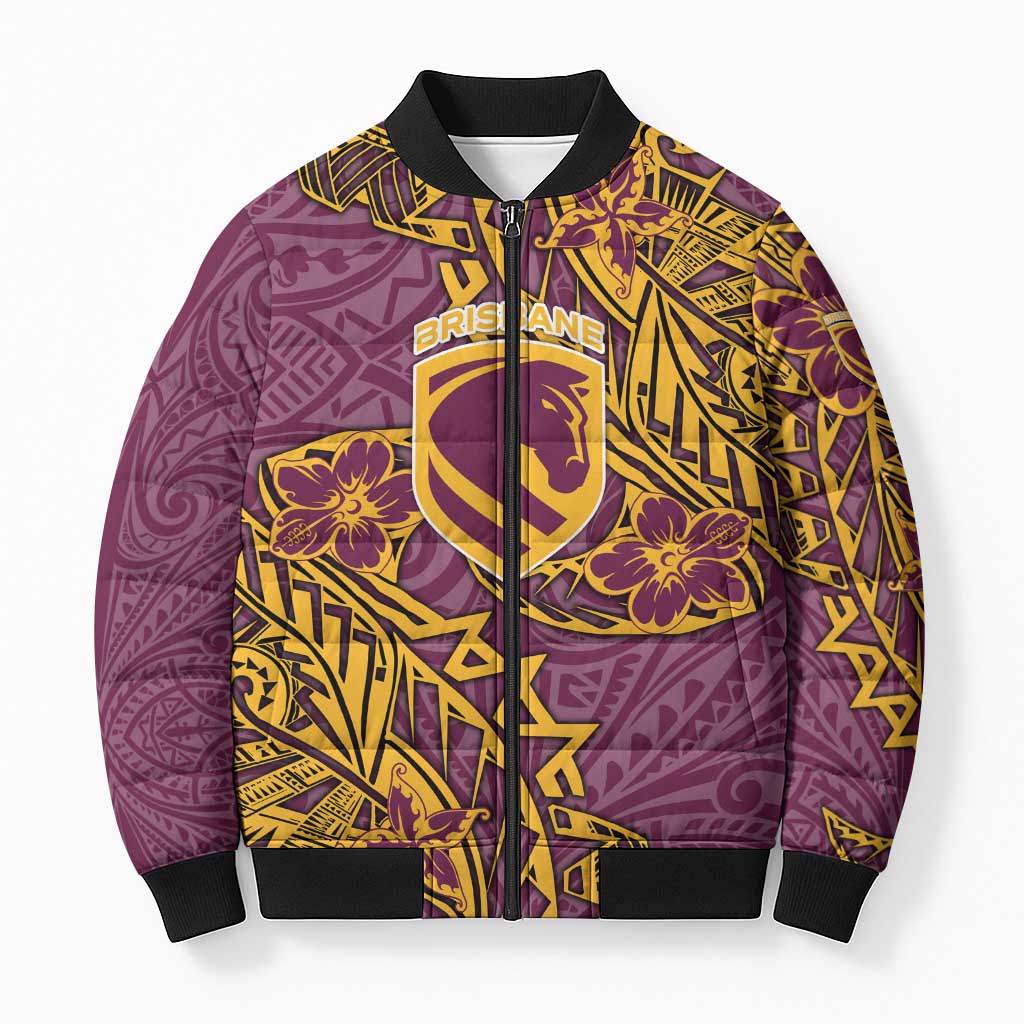 Personalised Brisbane Broncos Bomber Puffer Jacket Polynesian Tribal Pattern With Rugby Horse Mascot Art